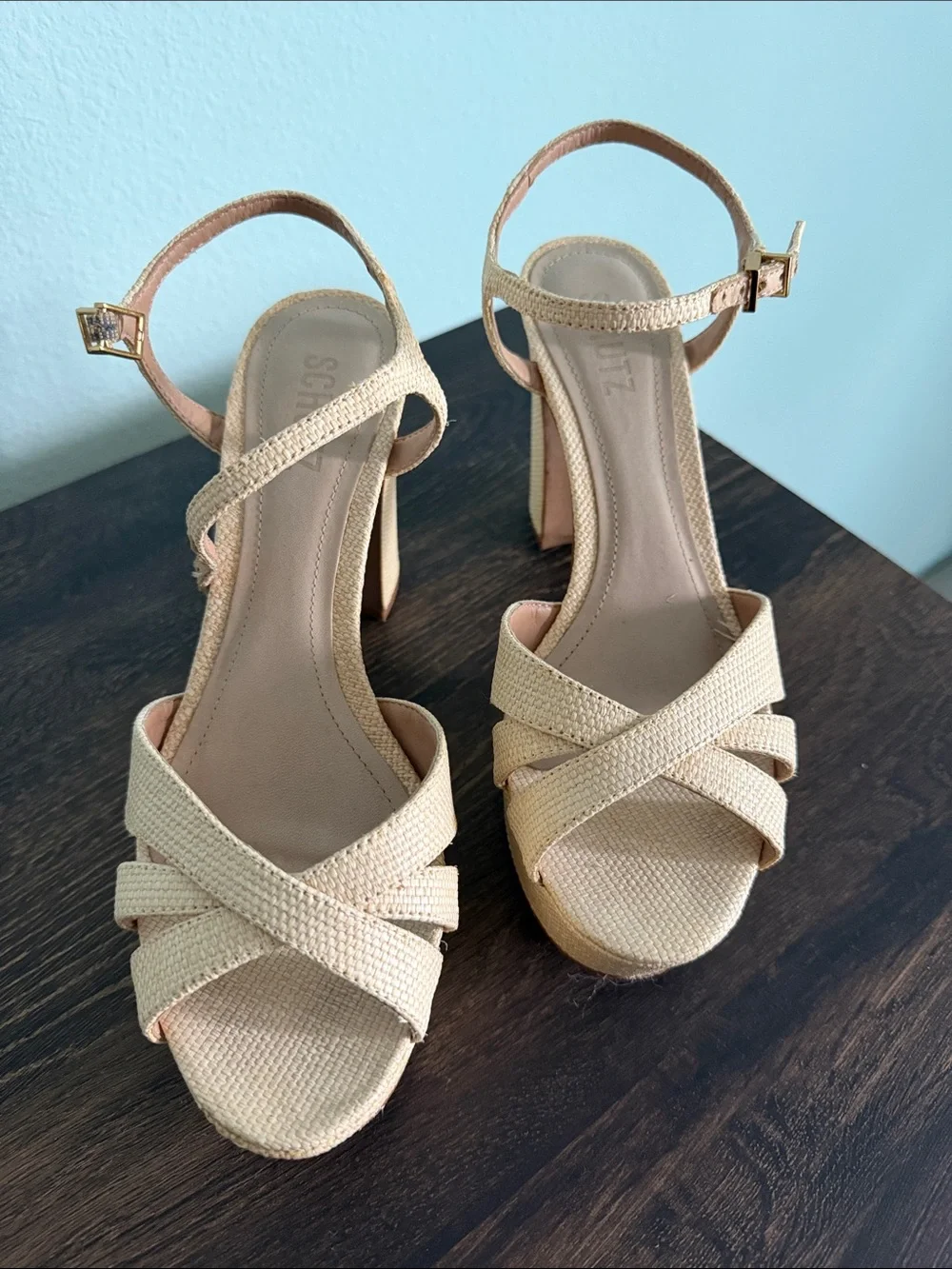 SCHUTZ Cream Textured Platform Sandals with Ankle Strap